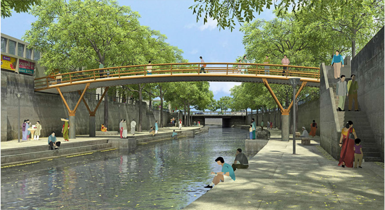 Pedestrian bridge proposal reconnecting fragmented park areas across the canal.