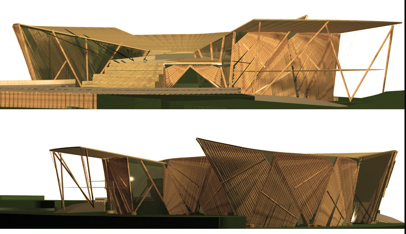 Perspective views of the Eco-Tourism Interpretation Centre responding to topography and climate.