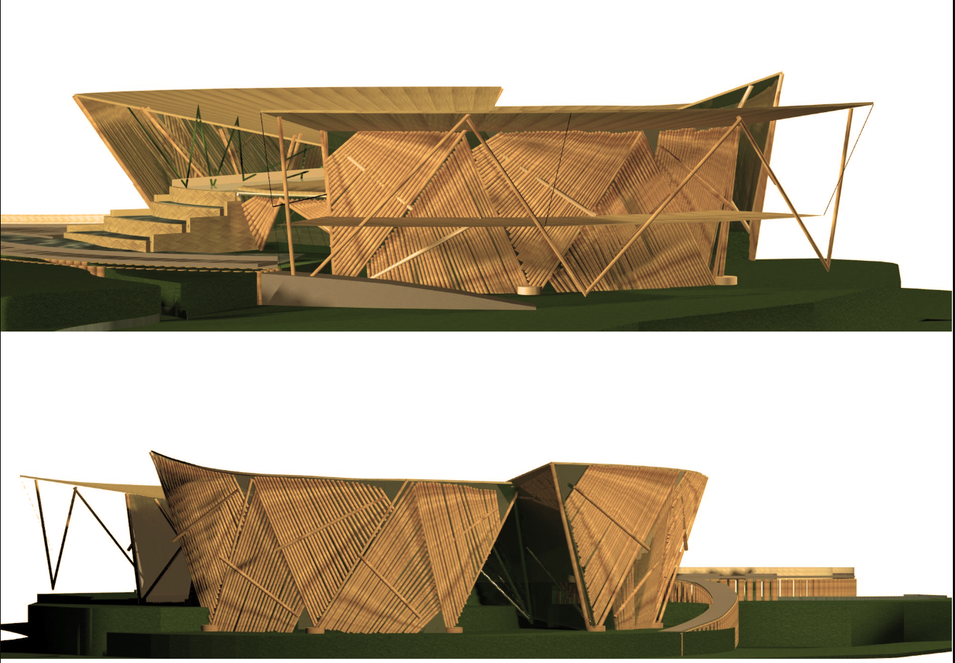 Bamboo-clad architectural forms expressing vernacular identity through contemporary design.