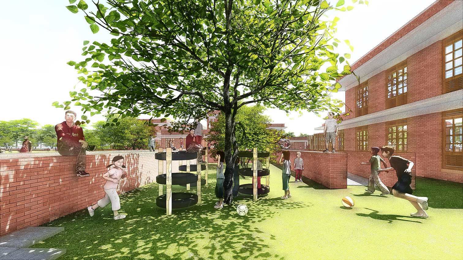 Interactive play courts integrated with residential blocks, encouraging social bonding and everyday learning.