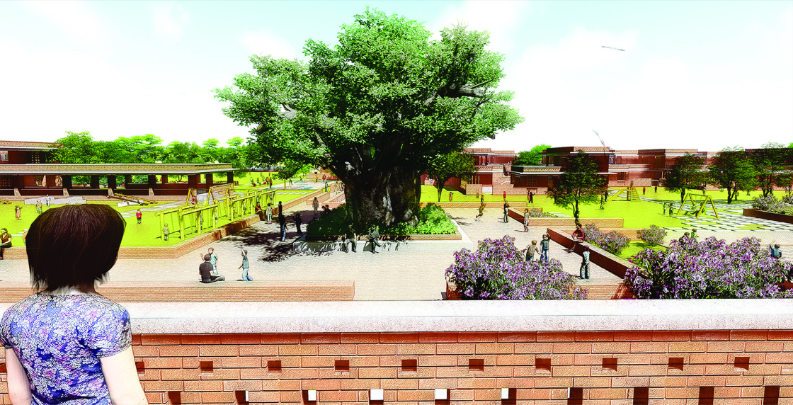 The central community court acts as a shared social heart, blending landscape, play, and informal gathering.