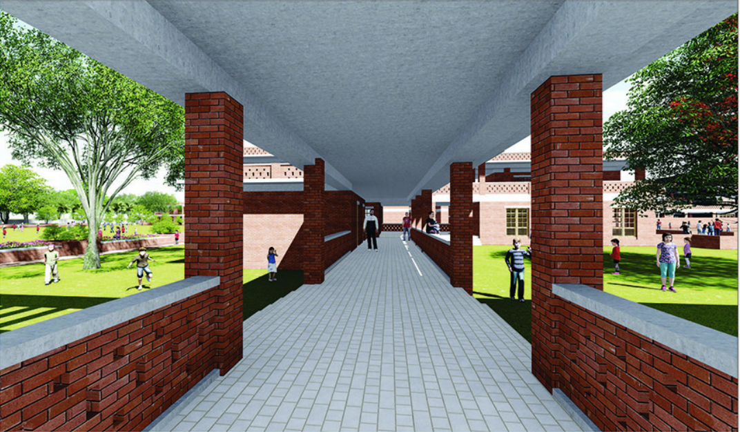 Shaded learning streets connect indoor and outdoor spaces, promoting movement, visibility, and interaction.