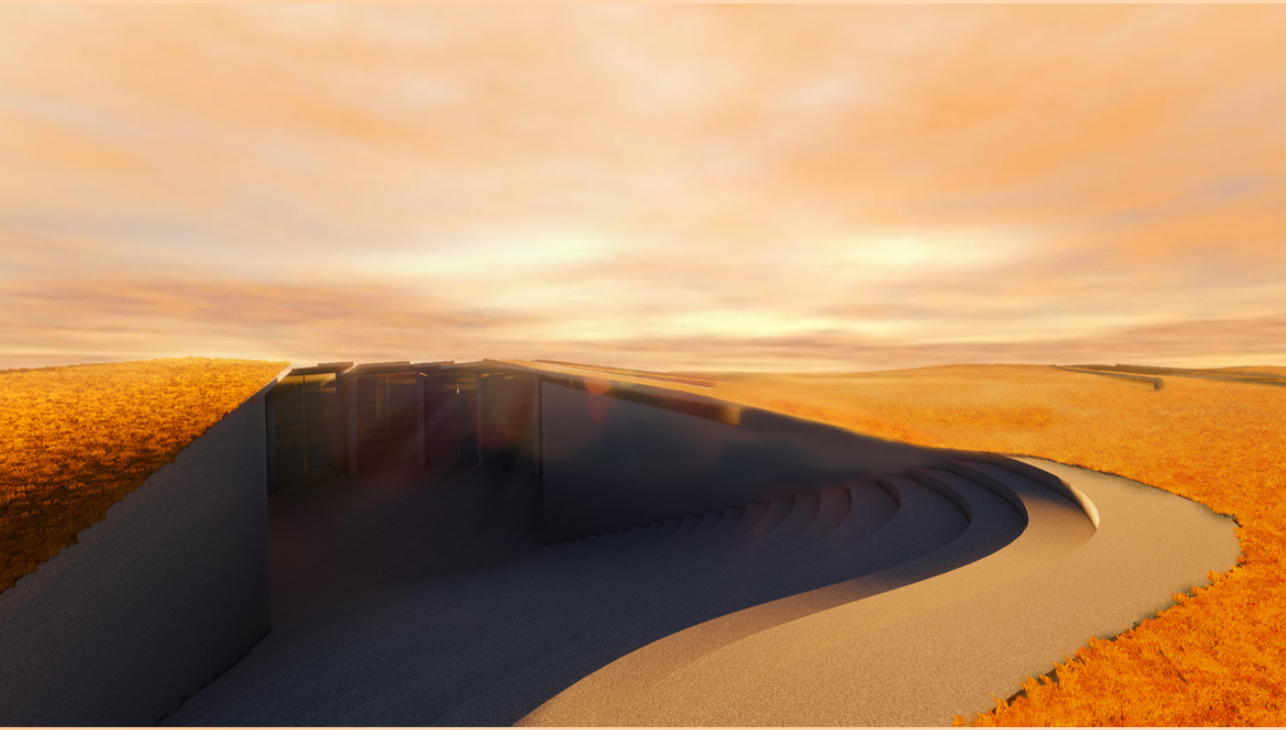 Earth-integrated form using terrain as thermal insulation and spatial enclosure.