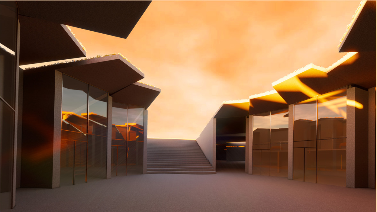 Central courtyard framed by extended eaves, creating shaded communal zones.