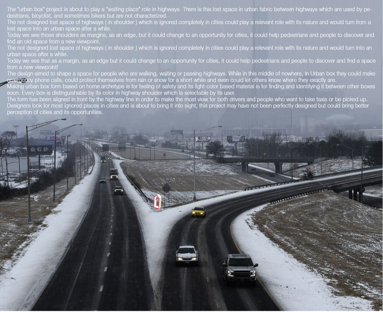 Highway shoulders as forgotten urban edges—reframed as potential waiting spaces within the city’s infrastructure.