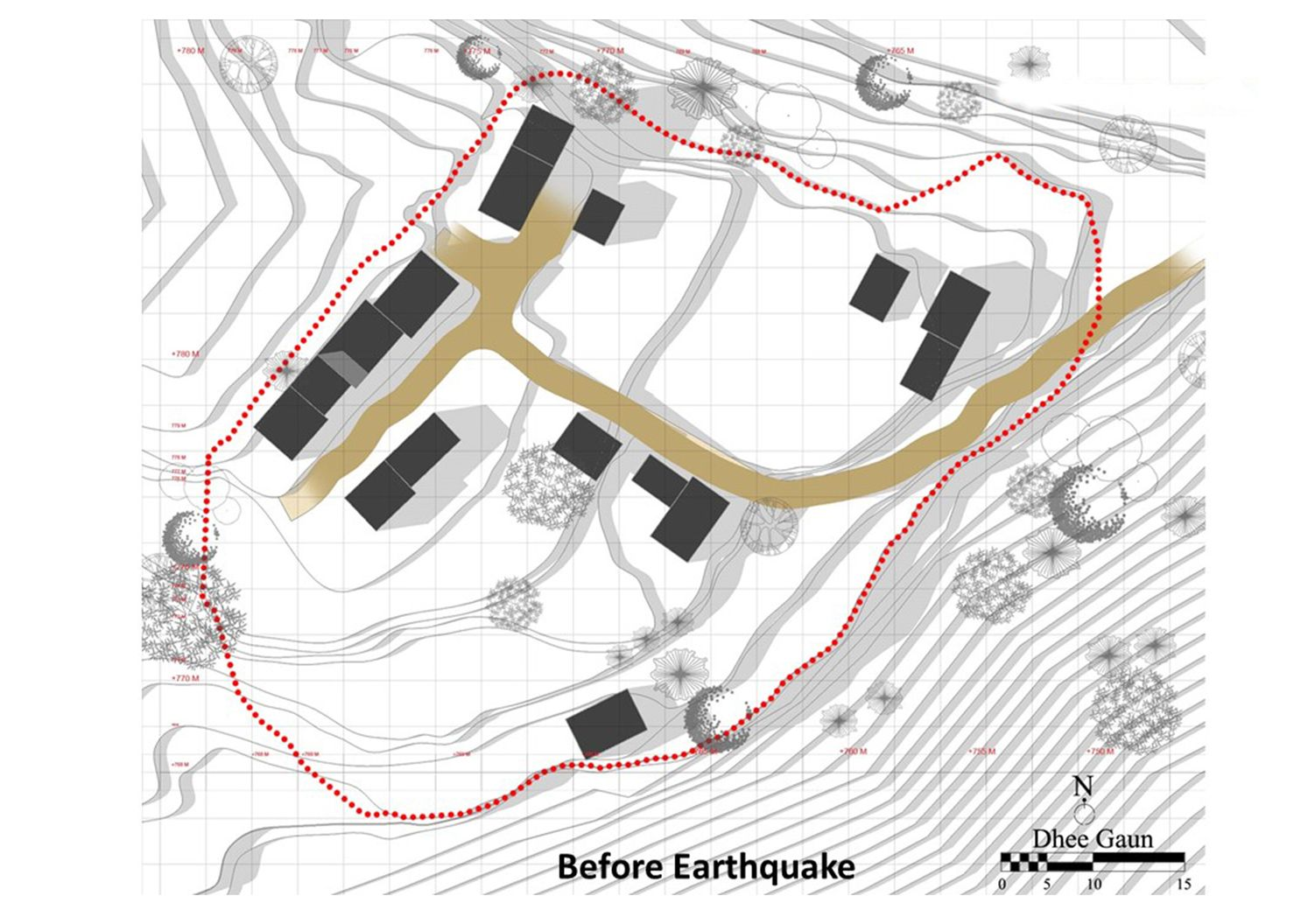 Settlement layout before the earthquake, mapping house distribution, paths, and topography of Majhi Gaun.