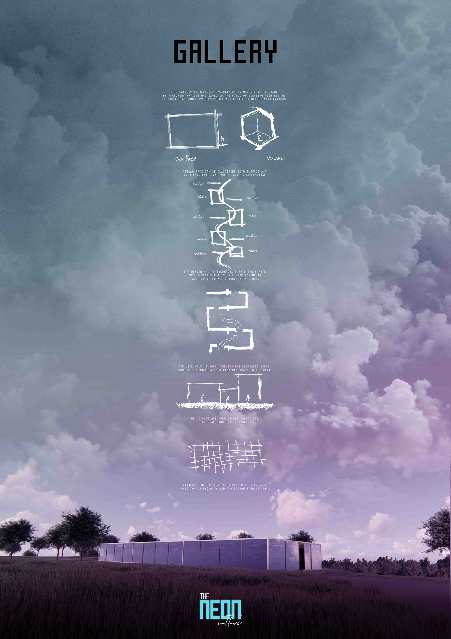 The gallery is conceived as an immersive, dark-controlled space where surface and volume shape a continuous experiential journey.