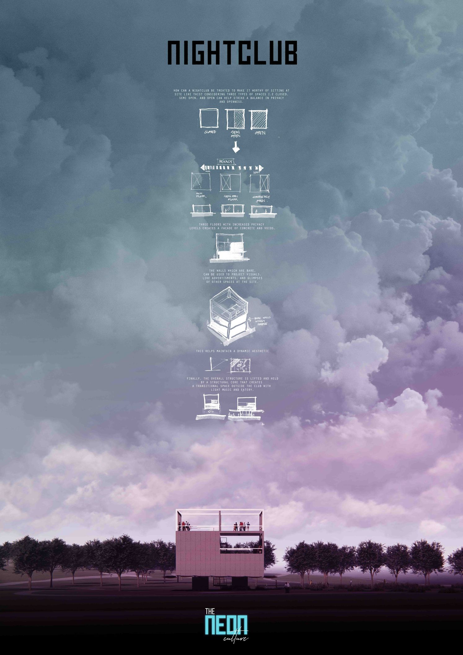 The nightclub explores gradients of openness and privacy, using architectural form to choreograph social interaction and movement.