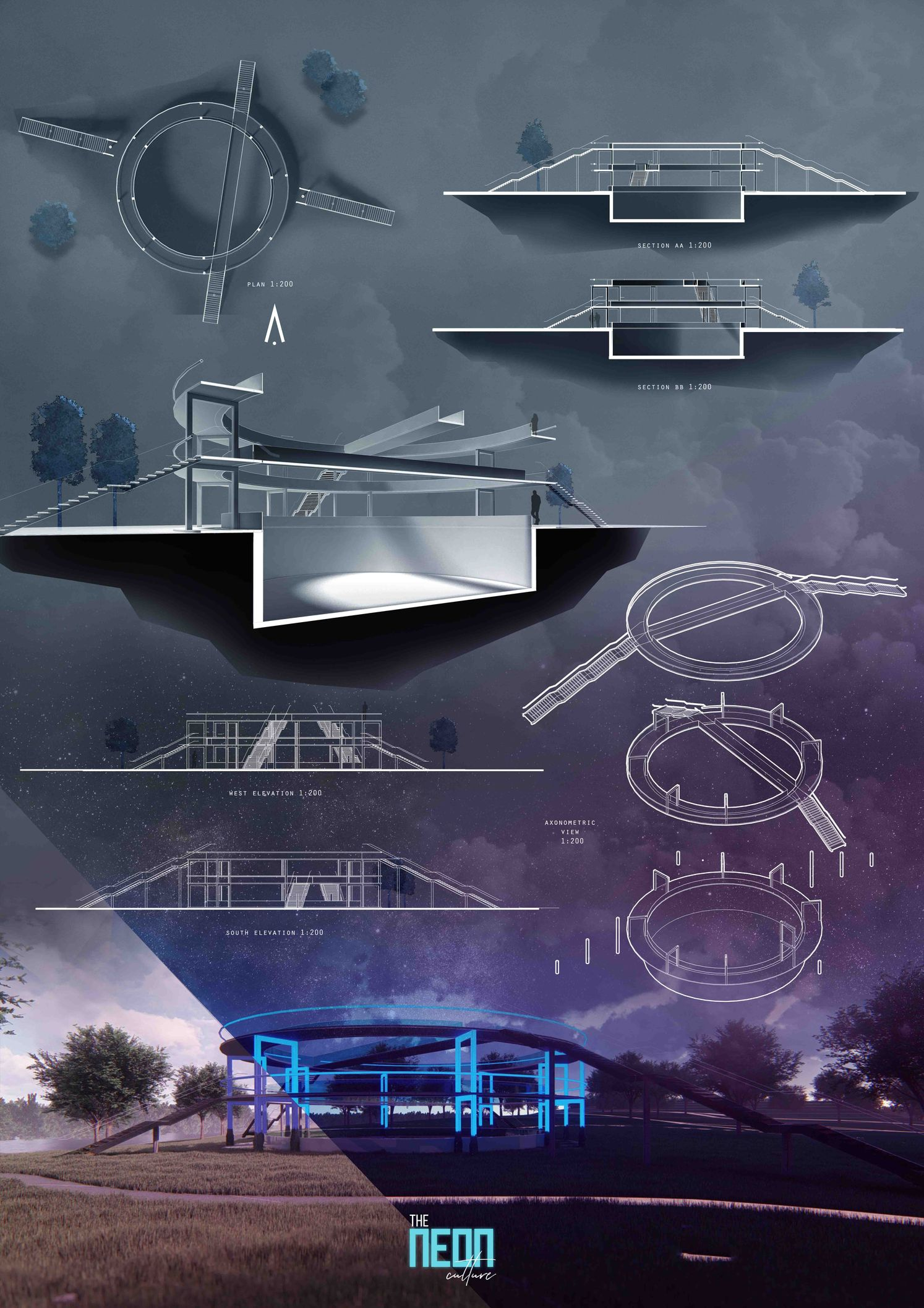 Sections and axonometric views reveal fluid circulation paths and multi-perspective viewing within the performance environment.