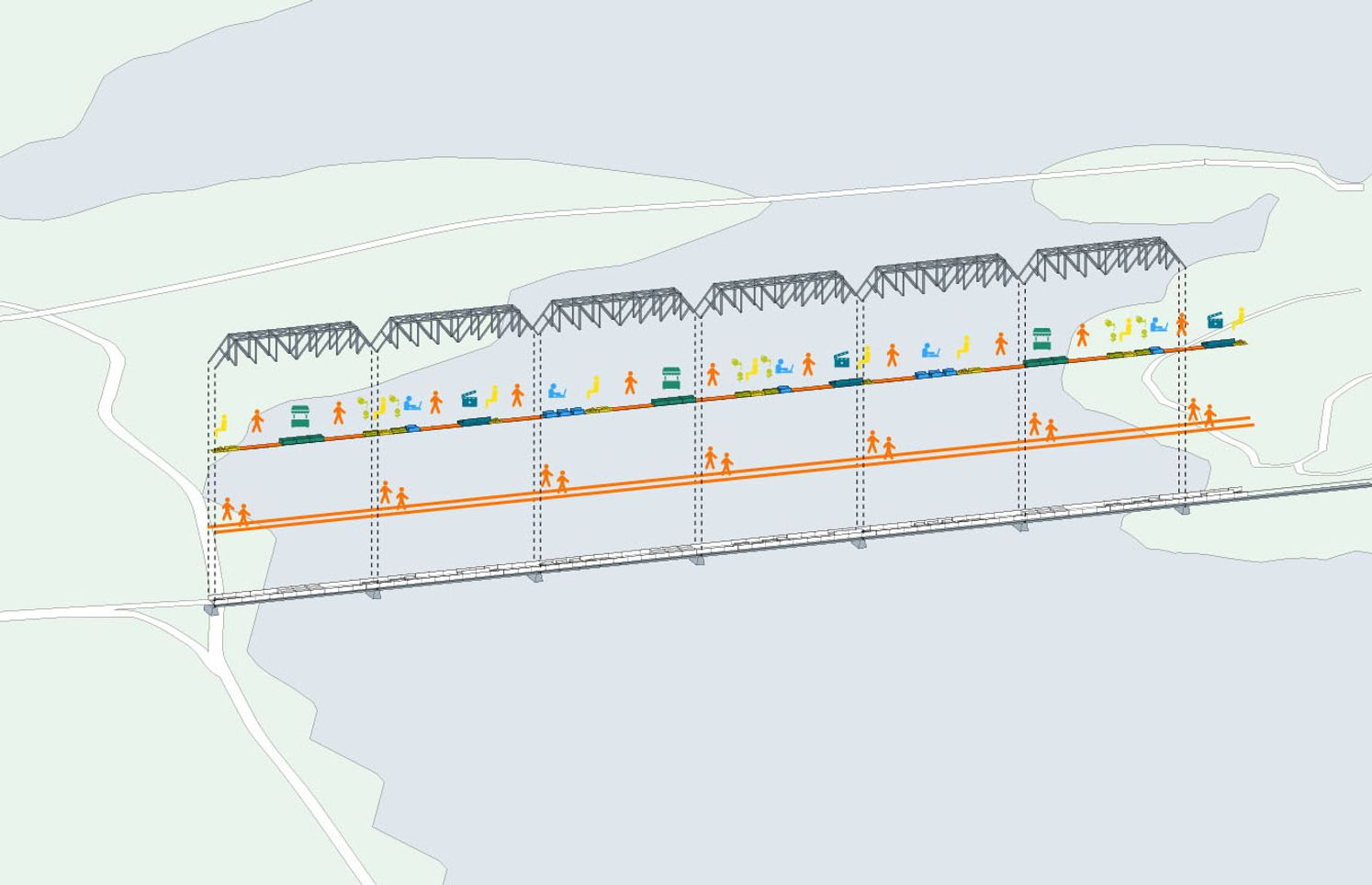 Overall site strategy illustrating temporary programs distributed along the bridge span