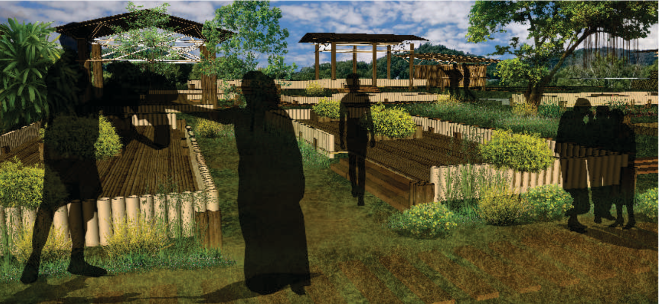 Community garden terraces integrated with bamboo structures, creating shared public spaces within Thanchi Bazar’s revitalized landscape.