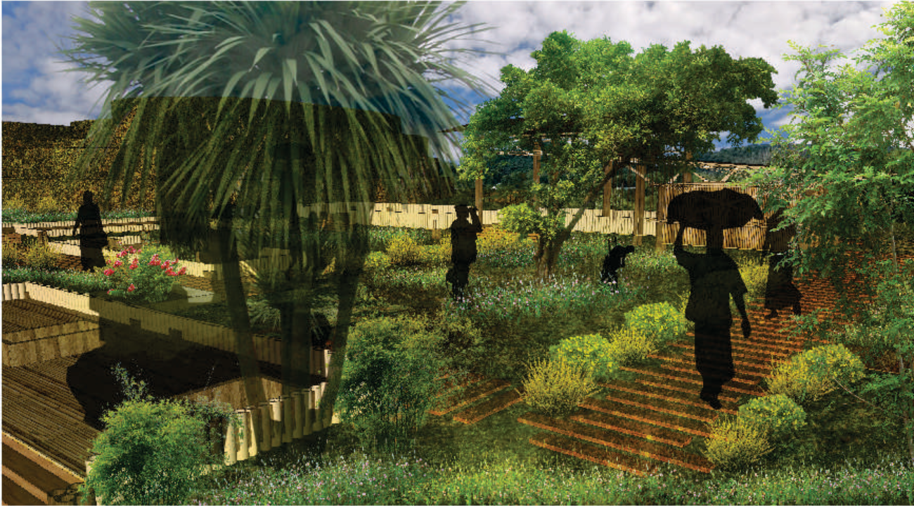 Pedestrian pathways weaving through dense vegetation and stepped platforms, reinforcing Thanchi Bazar as a place of rest and movement.