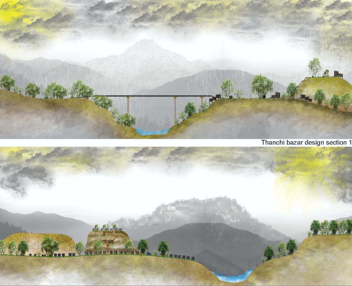 Sectional view illustrating the integration of bridges, hills, and built forms across Thanchi Bazar’s dramatic terrain.