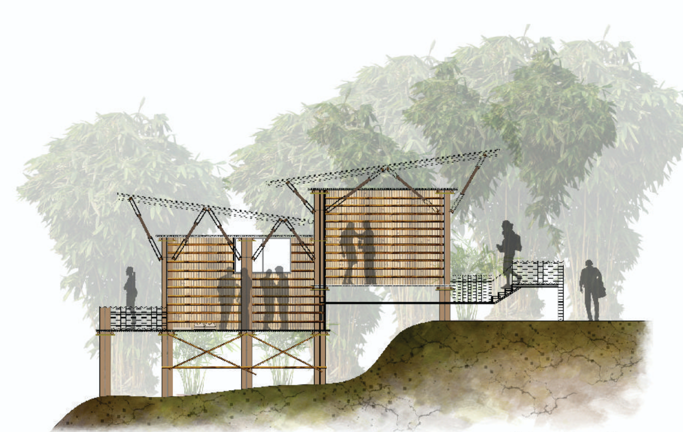 Shop prototype section showing modular bamboo architecture elevated to adapt to slope and seasonal conditions.