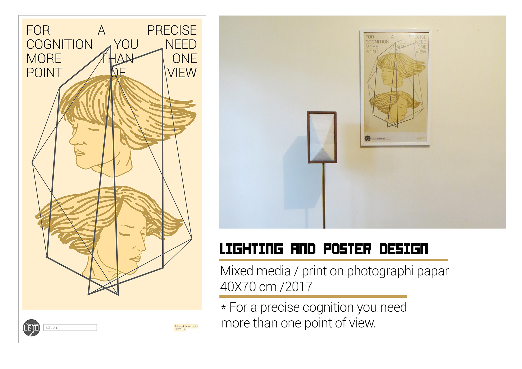 Detail view of the KHOFO lamp showcasing fractured geometry, fabric diffusion, and walnut wood finish. 