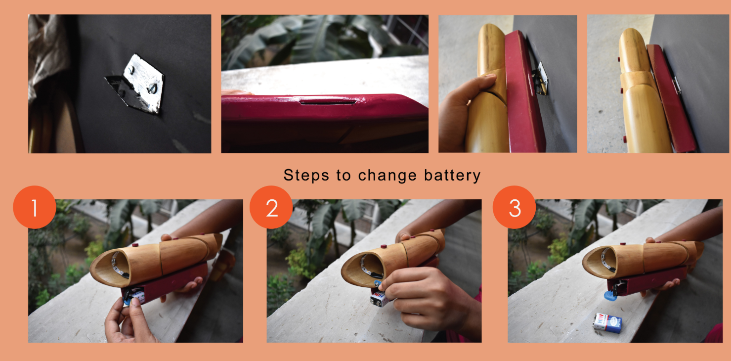  step to change battery the bamboo casing to access the internal battery compartment.