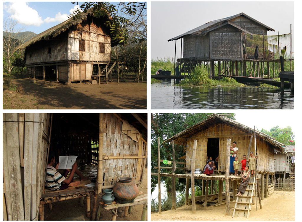 Traditional Rohingya stilt houses built from bamboo and wood, elevated for flood protection and climatic comfort.