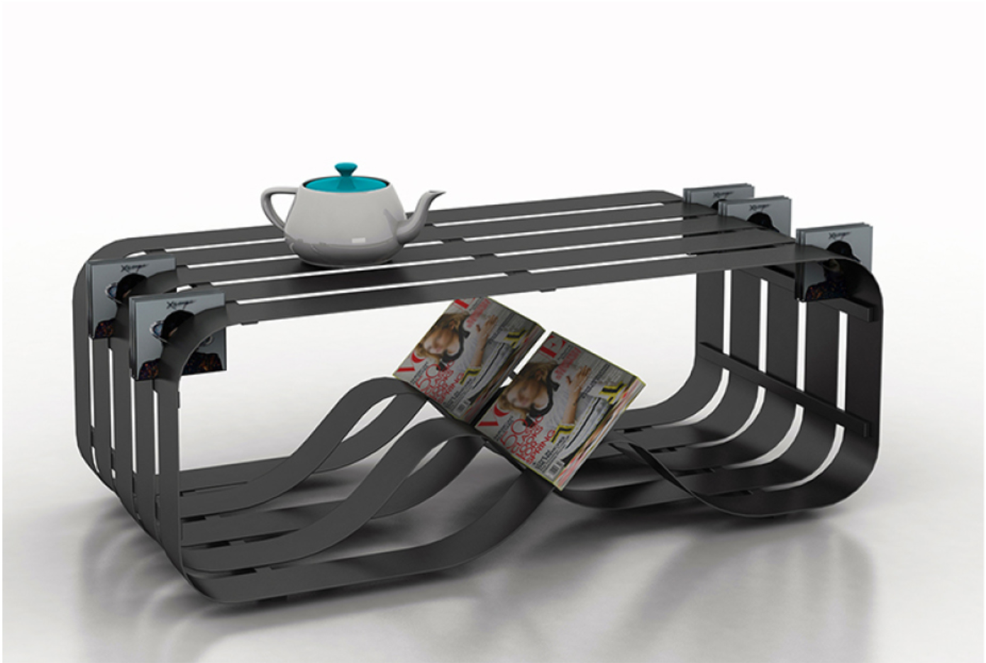 Functional use of the Arctic Coffee Table, integrating storage and surface utility within a kinetic furniture design language.