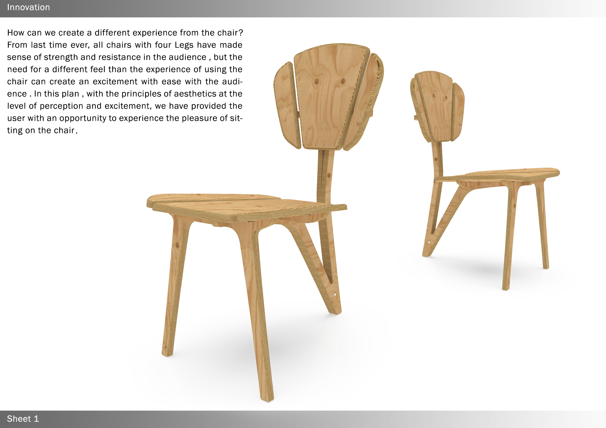 Exploded view highlighting the Shell Chair’s plywood construction and sculptural backrest geometry.