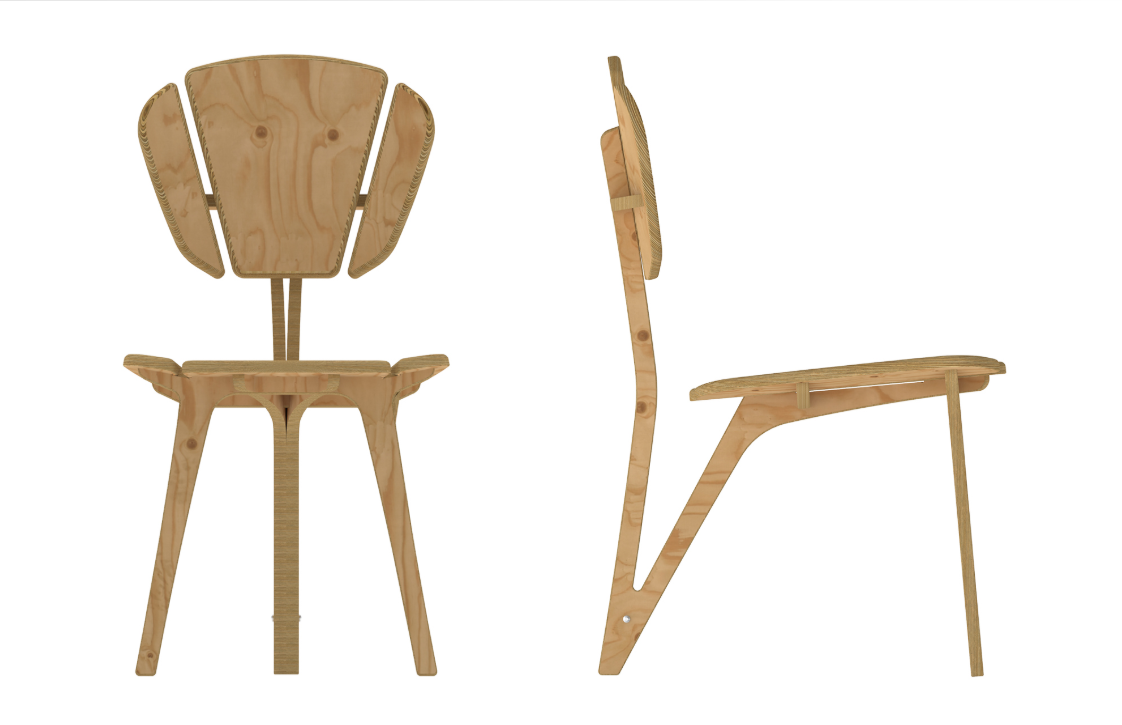 Front and side elevations revealing the chair’s balanced proportions, structural clarity, and shell-inspired form.
