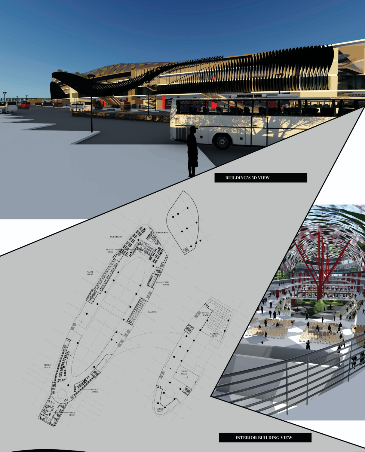 Expressive terminal façade with climate-responsive shading and dedicated bus circulation bays.