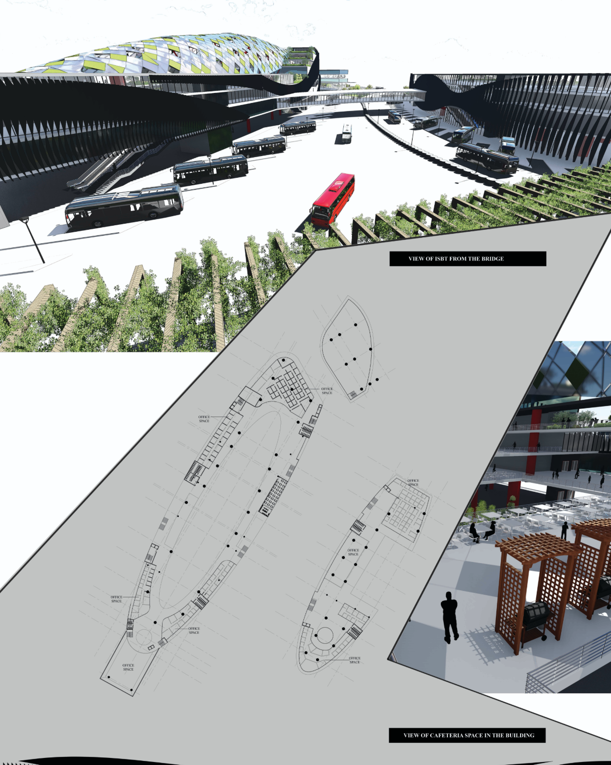 Layered roof structure integrating daylight control, solar panels, and architectural identity.