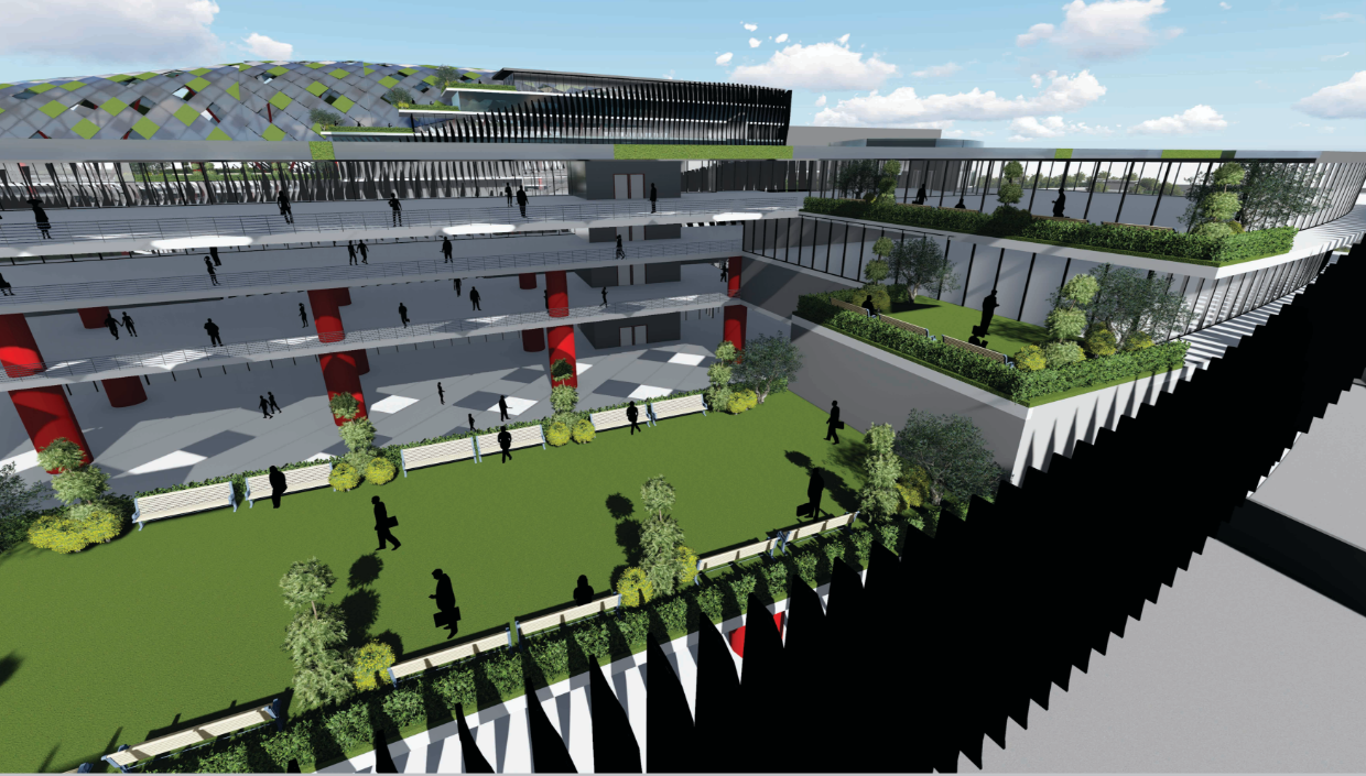 Landscaped internal courtyard offering visual relief and passive cooling within the terminal complex.