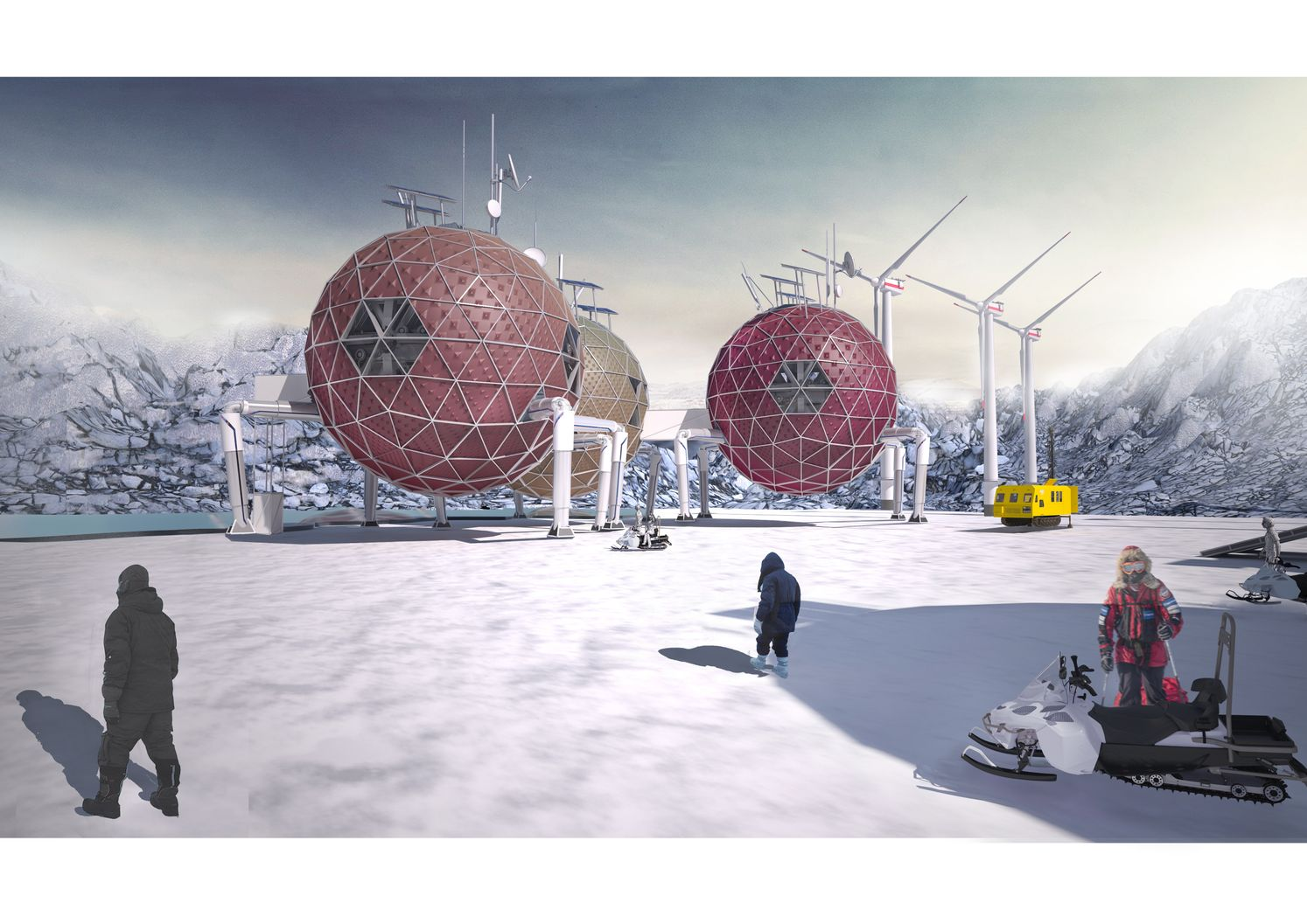 Exterior perspective showing geodesic research modules elevated on mechanical support legs.