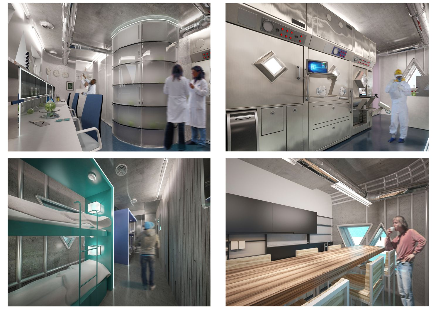 Living and communal interiors prioritizing efficiency, comfort, and thermal performance.