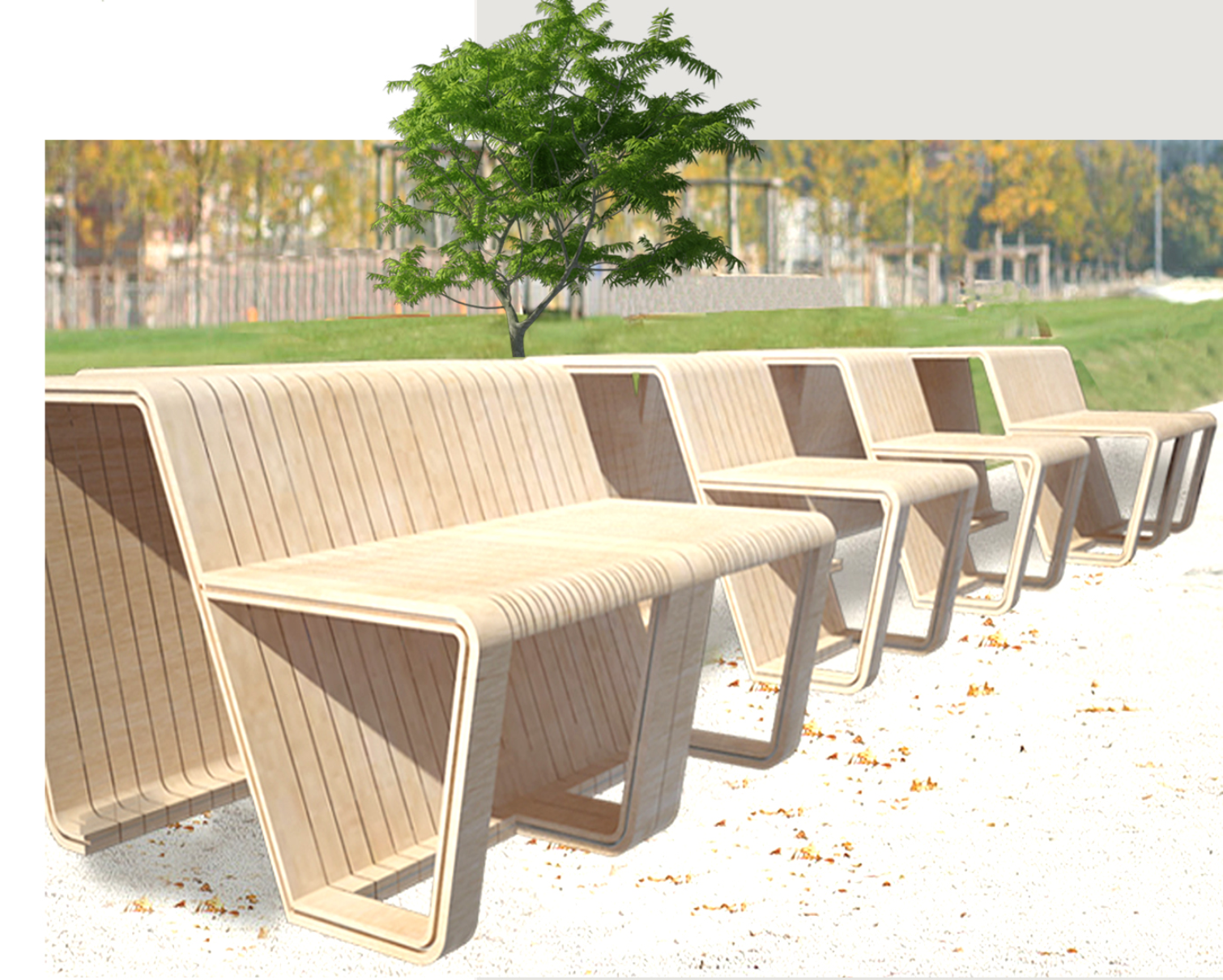 Linear deployment of Urban Criss modules creating a continuous seating edge along a landscaped public path.