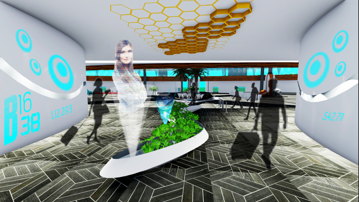Interactive arrival concourse with holographic interfaces and integrated landscape elements.