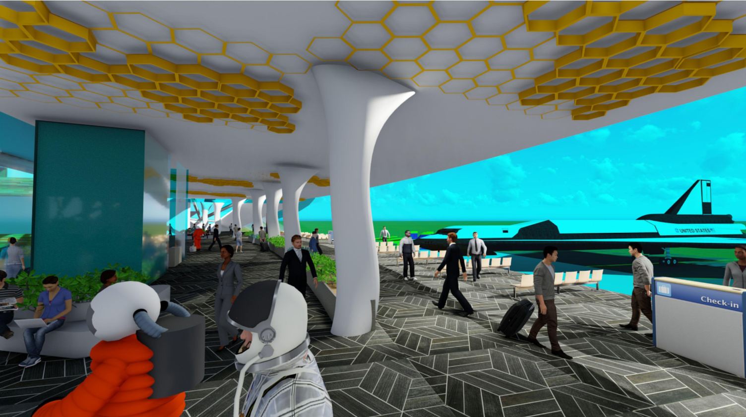 Public departure hall overlooking spacecraft bays, blending civilian and astronaut circulation.