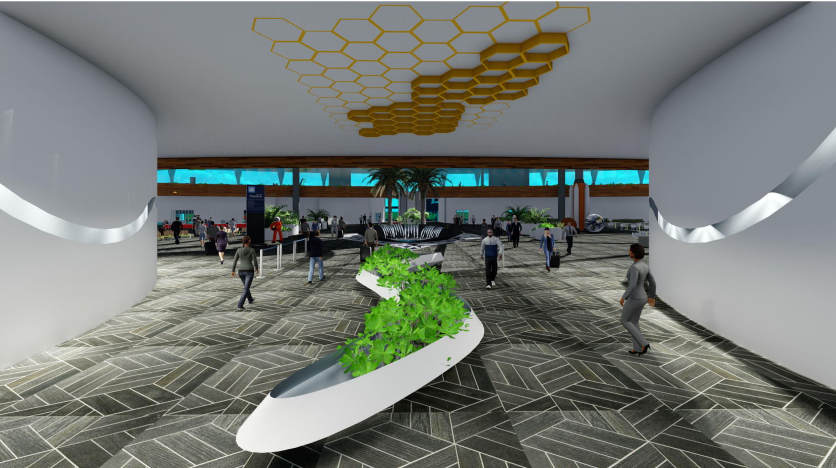 Central public concourse designed as a green, social spine within the spaceport.