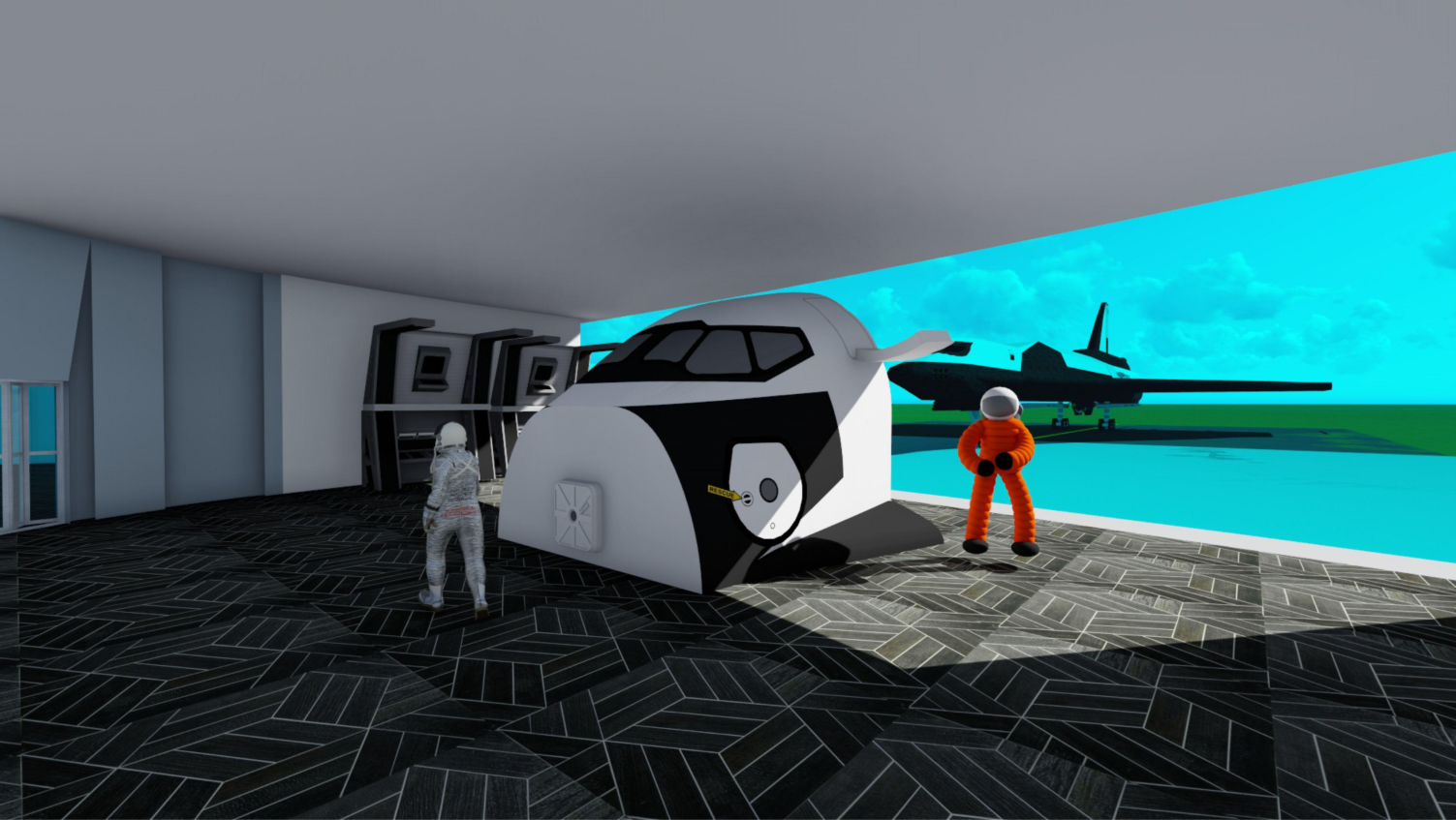 Training and capsule-preparation zone with direct visual access to the runway.