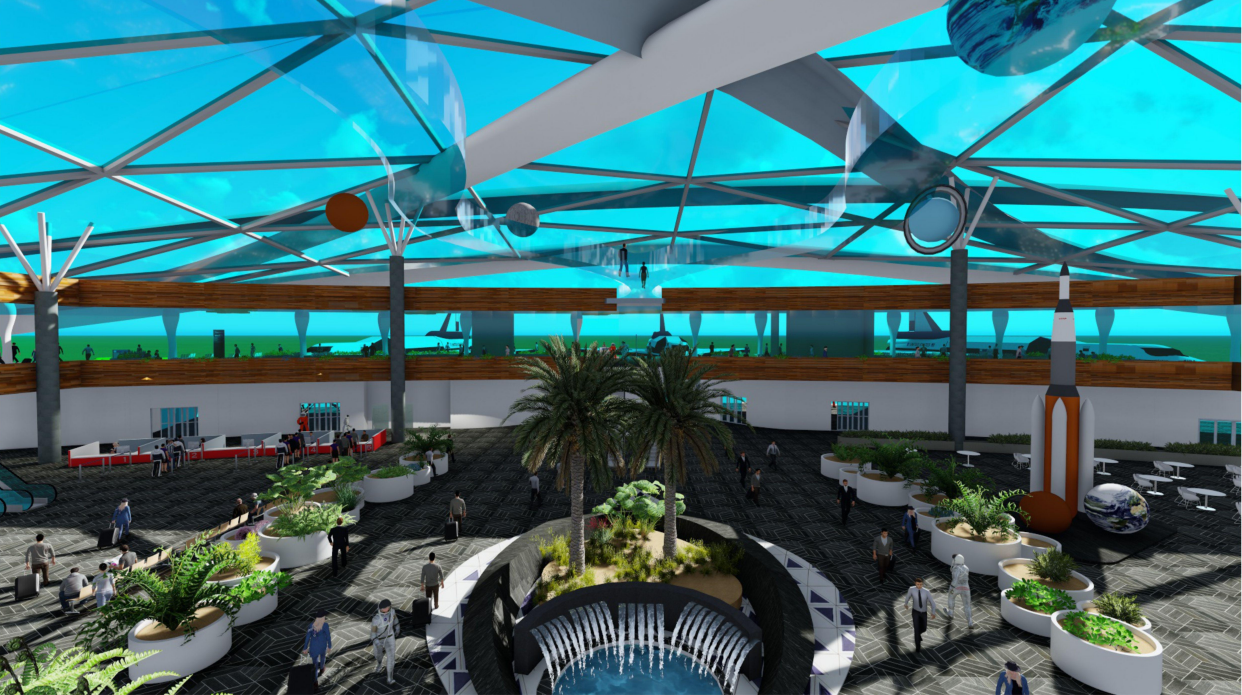 Multi-level atrium integrating landscape, water features, and public waiting areas under a glazed roof.