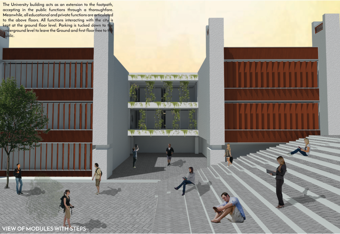 Modular academic blocks with stepped public spaces, activating ground and first floors as civic extensions of the university.
