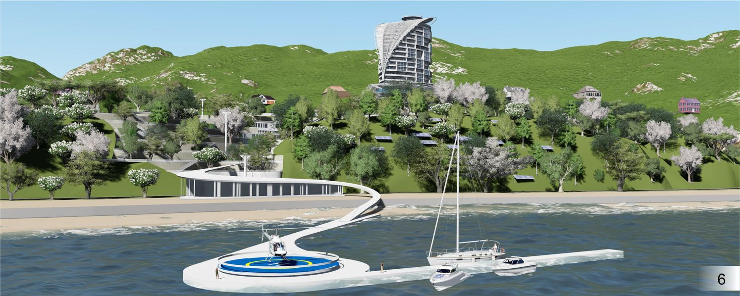 Apart-hotel integrated into the coastal landscape, connecting hillside terrain to the seafront.