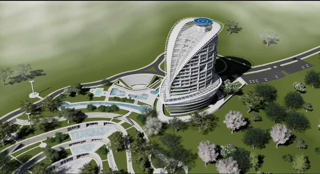 Aerial view highlighting the sculptural tower, landscape terraces, pools, and amphitheater.