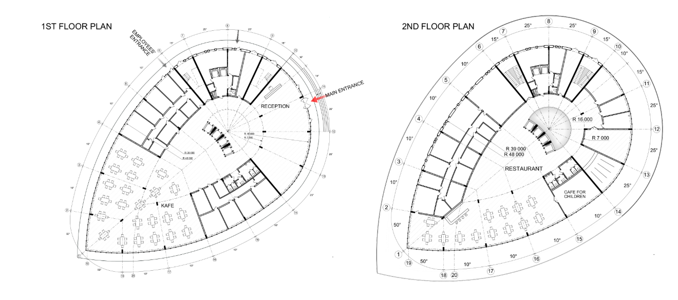 Public program layout showing reception, café, restaurant, and shared hospitality spaces.