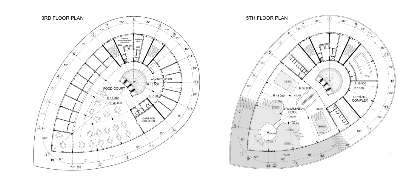 Food court, swimming pool, and sports facilities organized within a curved plan geometry.