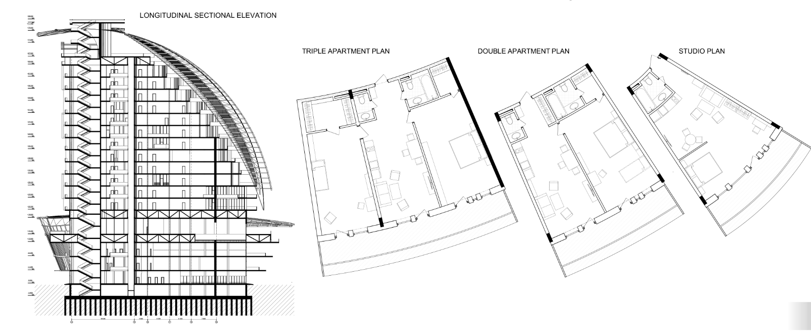 Longitudinal section with studio, double, and triple apartment layouts.