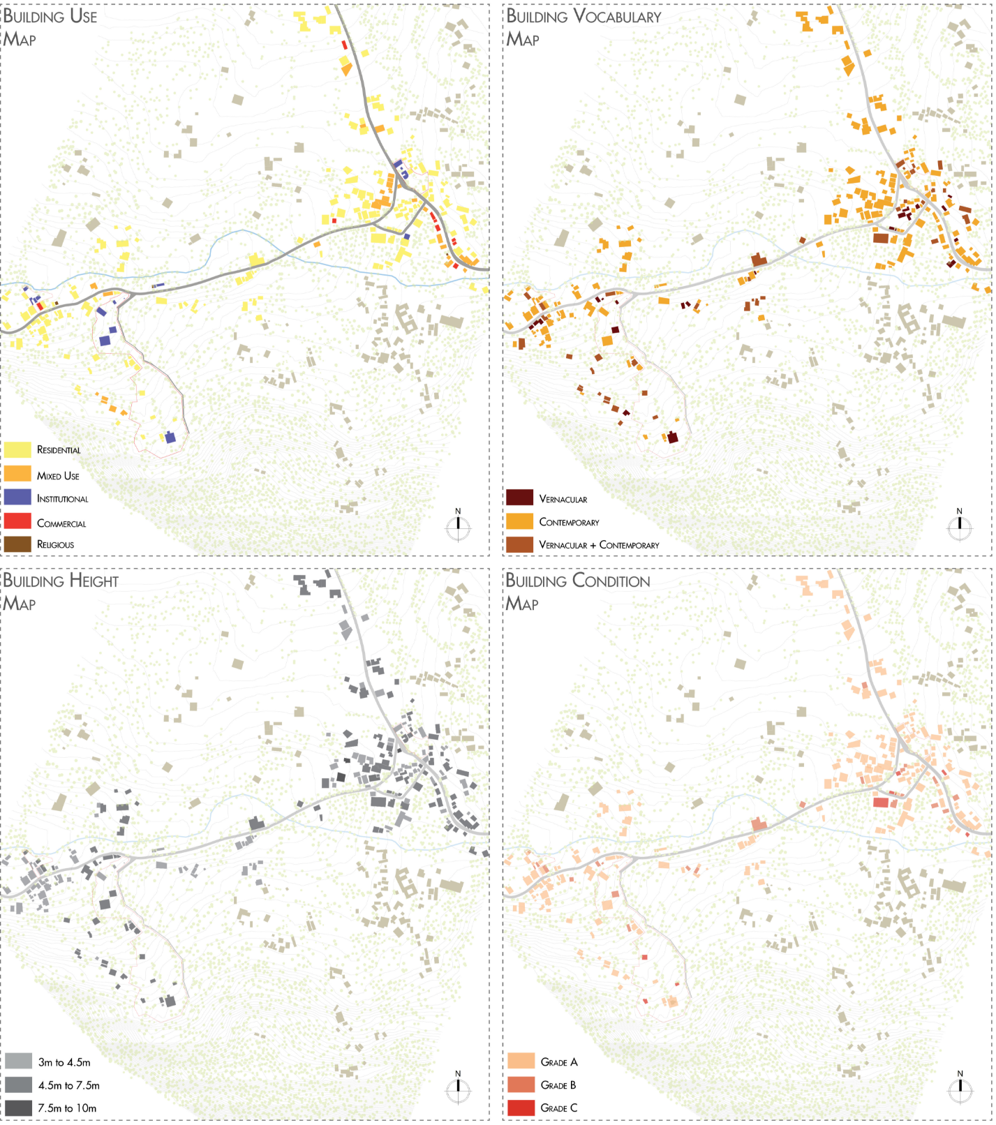 Existing land-use distribution highlighting residential, mixed-use, institutional, and cultural functions across Andretta.