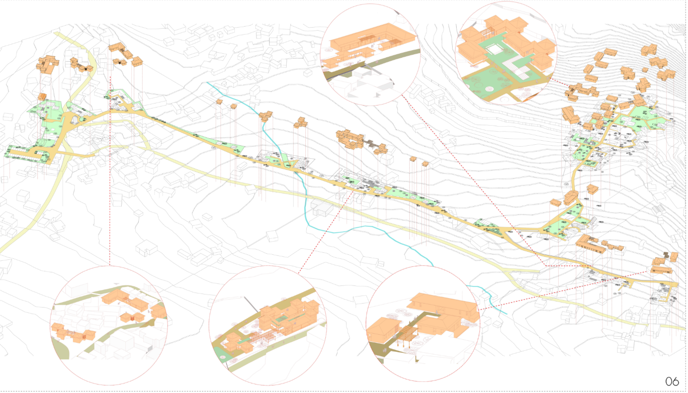 Spatial organization of artist residences, studios, training facilities, and communal spaces within the landscape.