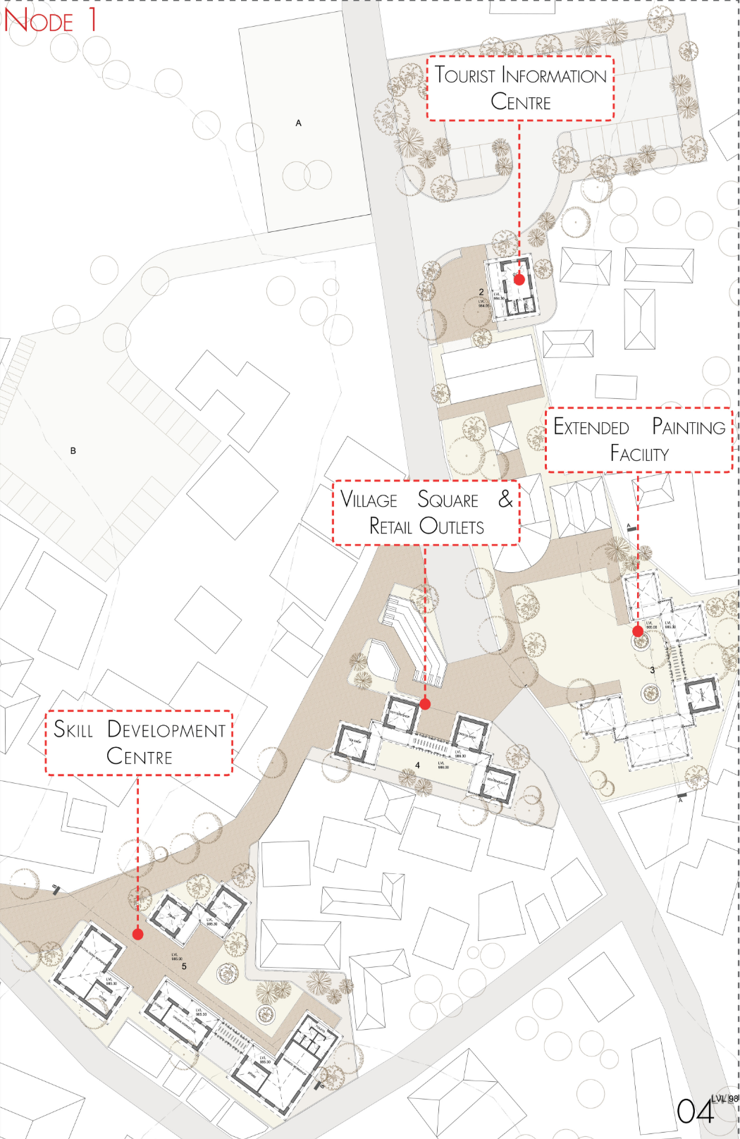Detailed layout integrating tourist information, retail, skill development, and painting facilities around a shared village square.