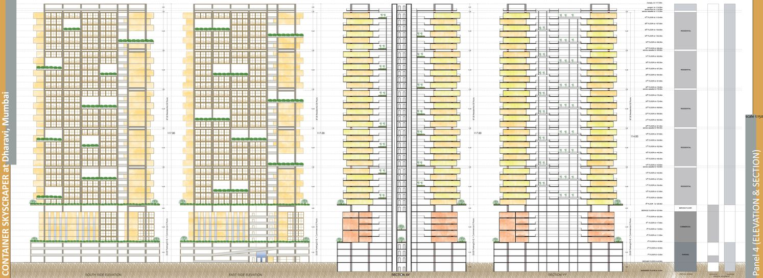 Elevation and sectional study of the container-based high-rise housing system in Dharavi, Mumbai.