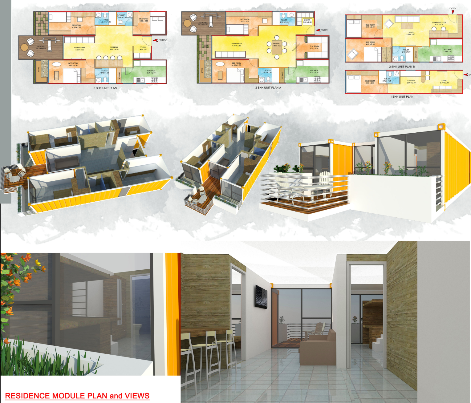 Typical residential unit layouts showcasing flexible 1BHK, 2BHK, and 3BHK container housing modules.