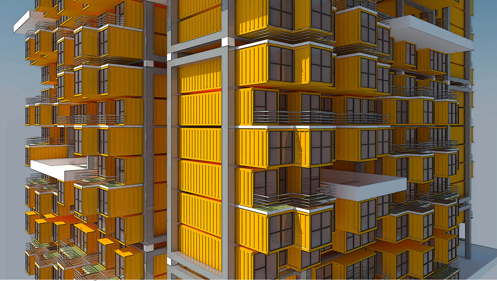 Exploded and axonometric views illustrating modular container units adapted for vertical housing.