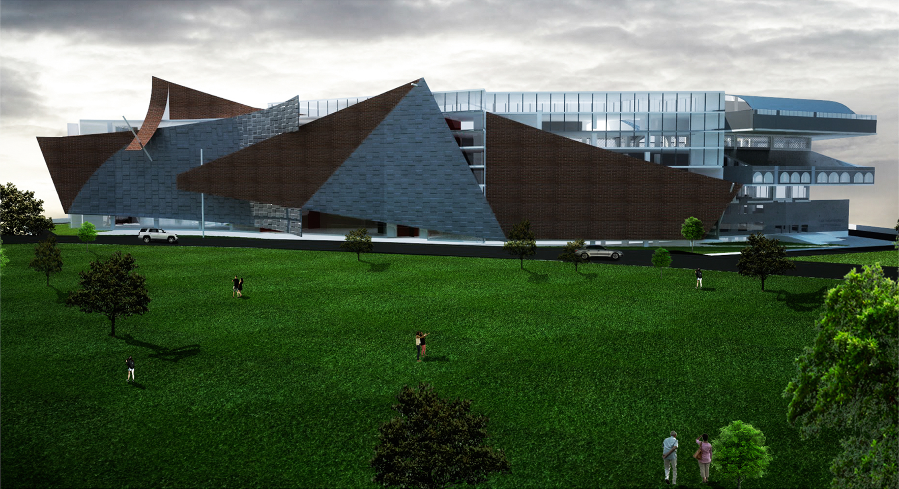 Overall exterior view showcasing the sculptural massing and layered facade of the museum and concert hall.