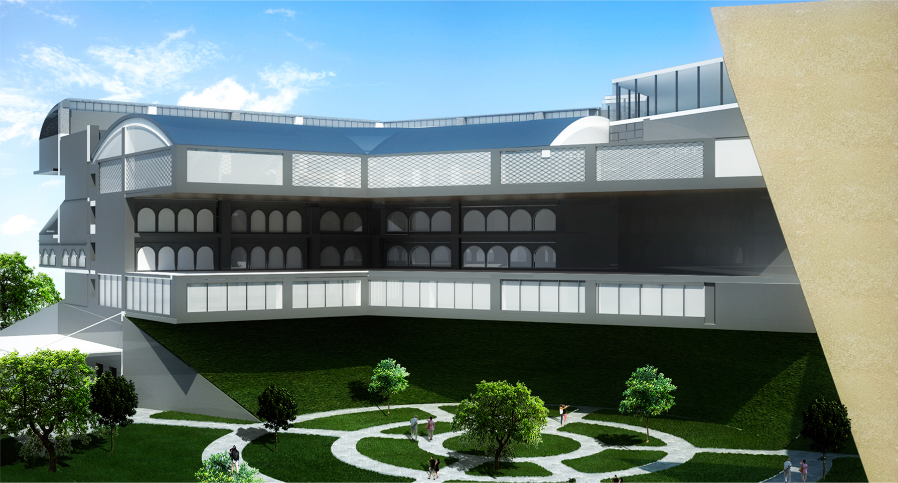 Inner elevation facing the garden, revealing the porous internal character and public circulation spaces.