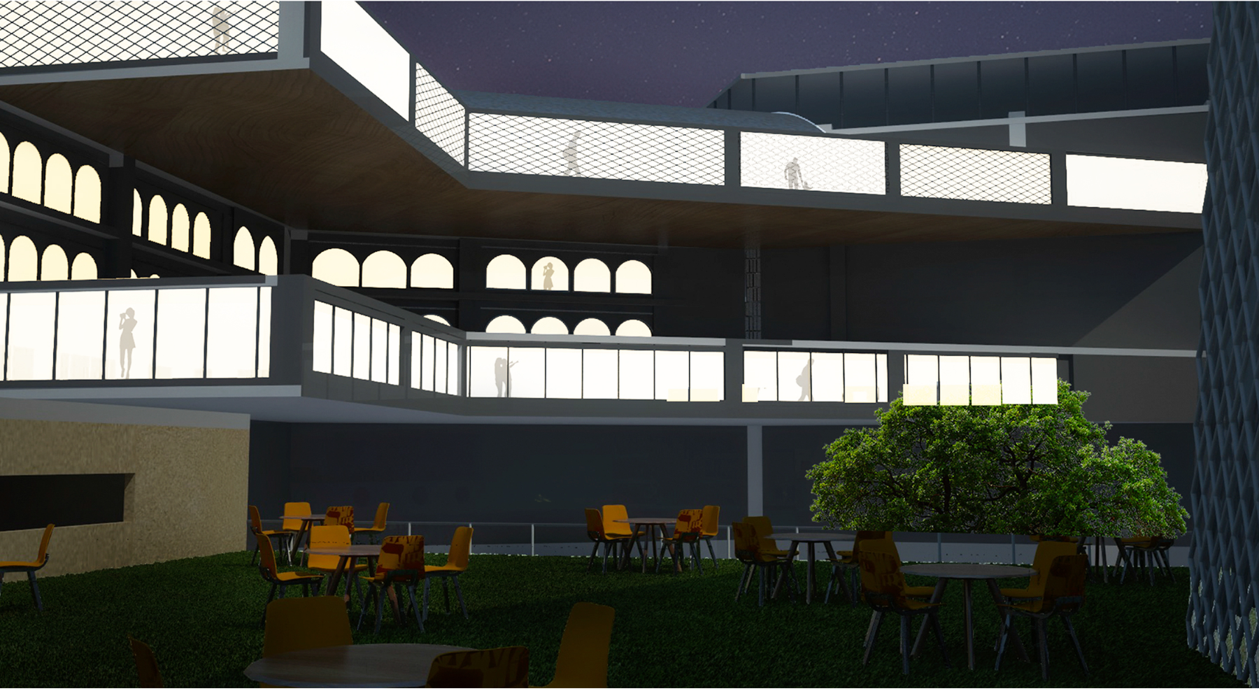 Night view of the internal courtyard, highlighting illuminated galleries and active public zones.